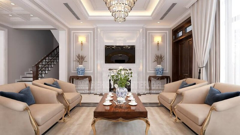 Trang trí nội thất phòng khách tân cổ điển đẹp, sang trọng tại Palm Garden. Thiết kế nội thất