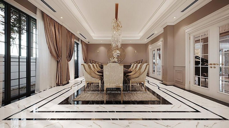 Mẫu bàn ăn tân cổ điển cao cấp với tông màu vàng kim đẳng cấp đươc sản xuất tại MoreHome Thiết kế nội thất