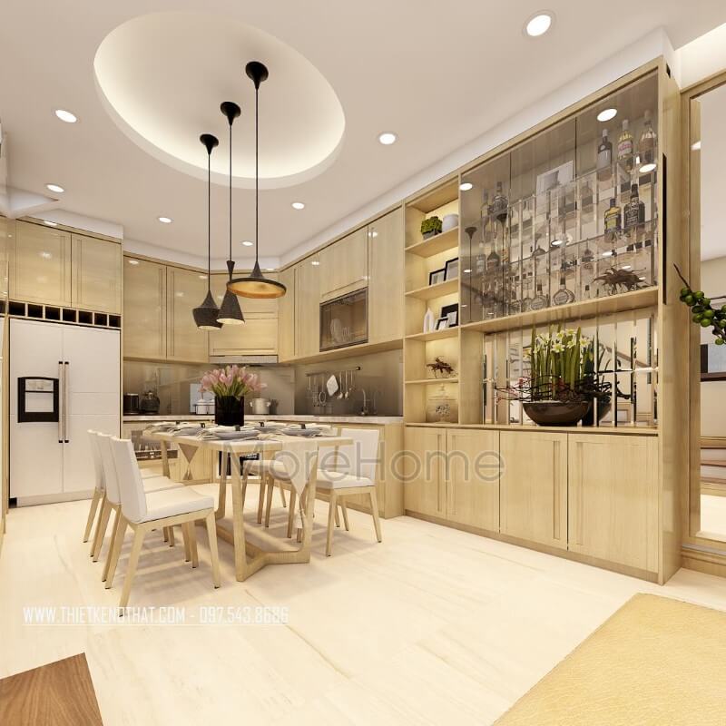 Mẫu bàn ghế ăn gỗ tự nhiên, màu nâu sáng với ghế ăn bọc sofa da đẹphiện đại tạo không gian ấm cúng cho gia chủ Thiết kế nội thất