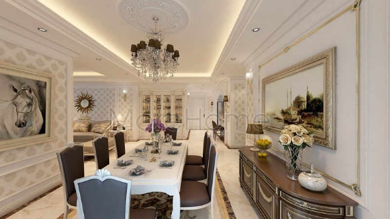 Mẫu bàn ghế ăn 8 chỗ giúp cho gia chủ thuận tiện hơn trong quá trình dùng bữa cũng của mọi thành viên trong gia đình cũng như những buổi tiệc tiếp đãi khách tới chơi nhà Thiết kế nội thất