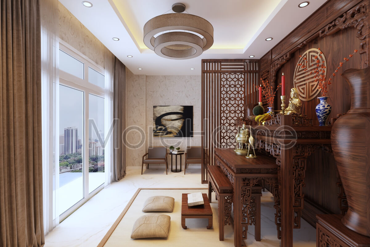 Thiết kế phòng thờ gỗ tự nhiên cao cấp được chạm khắc 6D với đường gỗ mịn sơn bằng sơn alkana