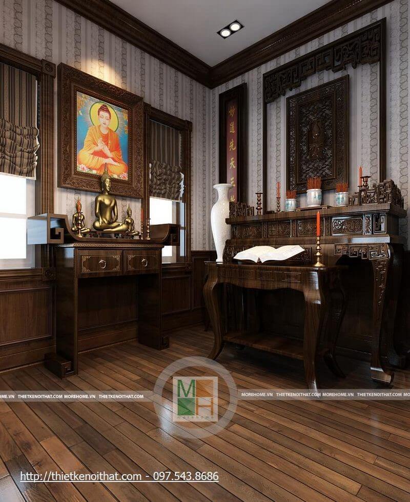 Khu vực thờ cúng trang nghiêm với nội thất gỗ tự nhiên sang trọng, thể hiện sự thành kính với bề trên
