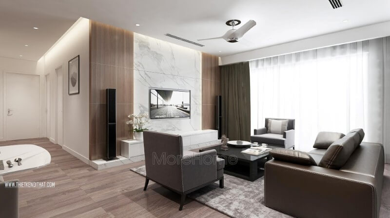 Với lối thiết kế hiện đại, nhẹ nhàng, sự sắp xếp hợp lí của nội thất cũng như màu sắc không gian mang lại cảm giác hài hòa cho không gian tiếp khách của gia chủ Mẫu nội thất chung cư đẹp