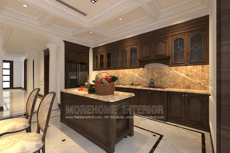 Mẫu tủ bếp gỗ óc chó đẹp được hoàn thiện bởi Morehome luôn phù hợp mọi không gian sang trọng và đẳng cấp như chung cư, biệt thự cao cấp Mẫu nội thất chung cư đẹp