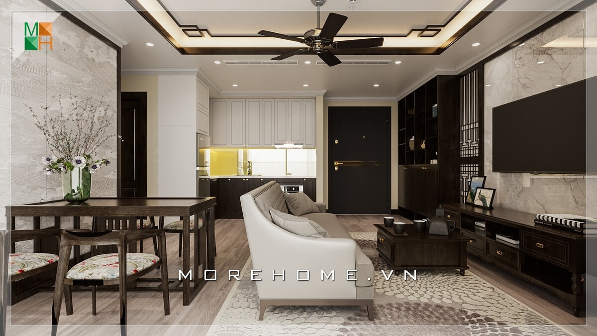 Lựa chọn thiết kế chung cư cao cấp bằng đá ốp vách tivi vân mây cao cấp cũng là chất liệu được gia chủ chọn giúp không gian căn phòng sáng và sang trọng hơn Mẫu nội thất chung cư đẹp