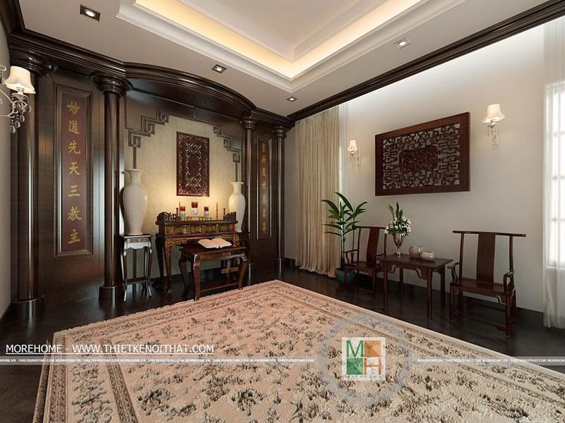 Thiết kế không gian phòng thờ rộng với nội thất gỗ tự nhiên cao cấp, thể hiện sự tôn kính ở chốn linh thiêng Thiết kế phòng thờ biệt thự