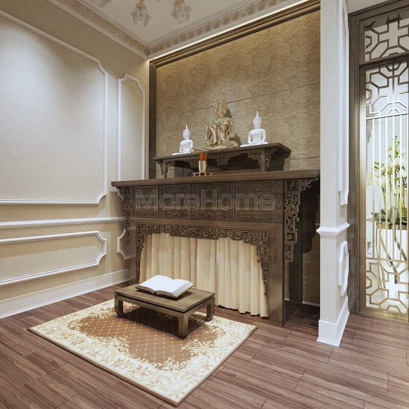 Thiết kế nội thất phòng thờ hiện đại cho biệt thự tại Ciputra Hà Nội với tông màu vàng nhạt. Thiết kế phòng thờ nhà phố