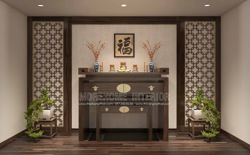 Tủ thờ gỗ tự nhiên cao cấp đẹp, sang trọng cho phòng thờ. Thiết kế phòng thờ nhà phố