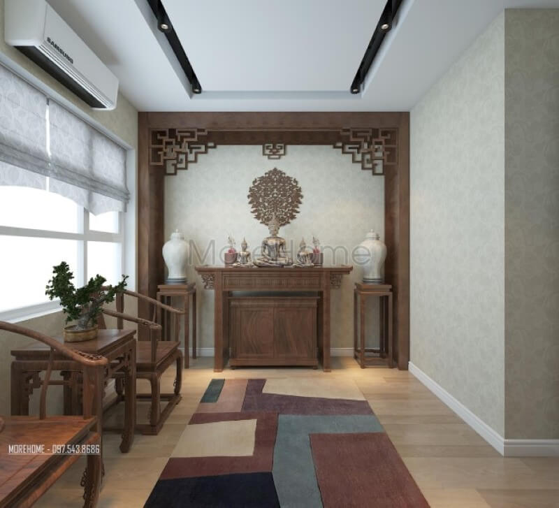 Nội thất phòng thờ chung cư được thiết kế rất trang nghiêm với đồ gỗ nội thất tự nhiên kết hợp gam màu gỗ xưa truyền thống. Thiết kế phòng thờ nhà phố