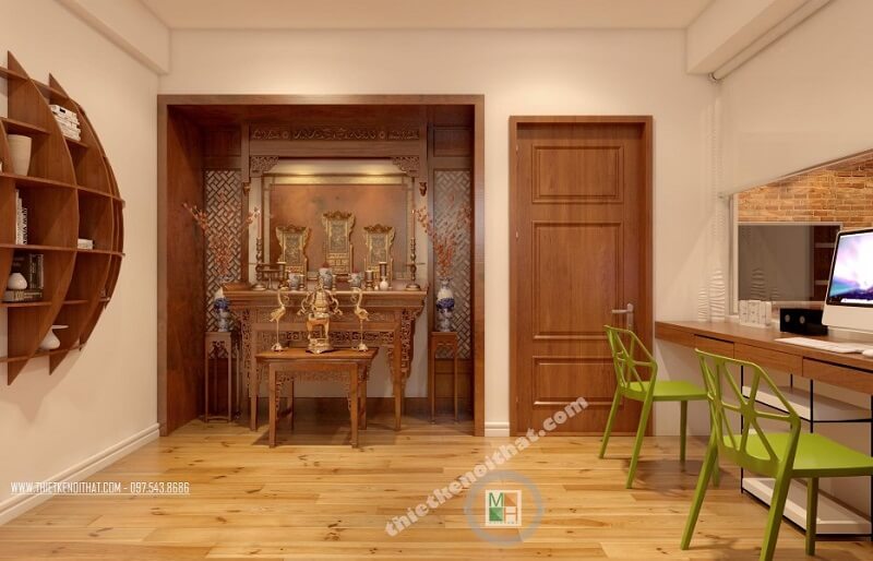 Mẫu thiết kế phòng thờ đẹp sử dụng mẫu bàn thờ tân cổ điển kết hợp dụng vách cnc cao cấp mang đến vẻ đẹp trang trọng cho không gian căn phòng Thiết kế phòng thờ nhà phố